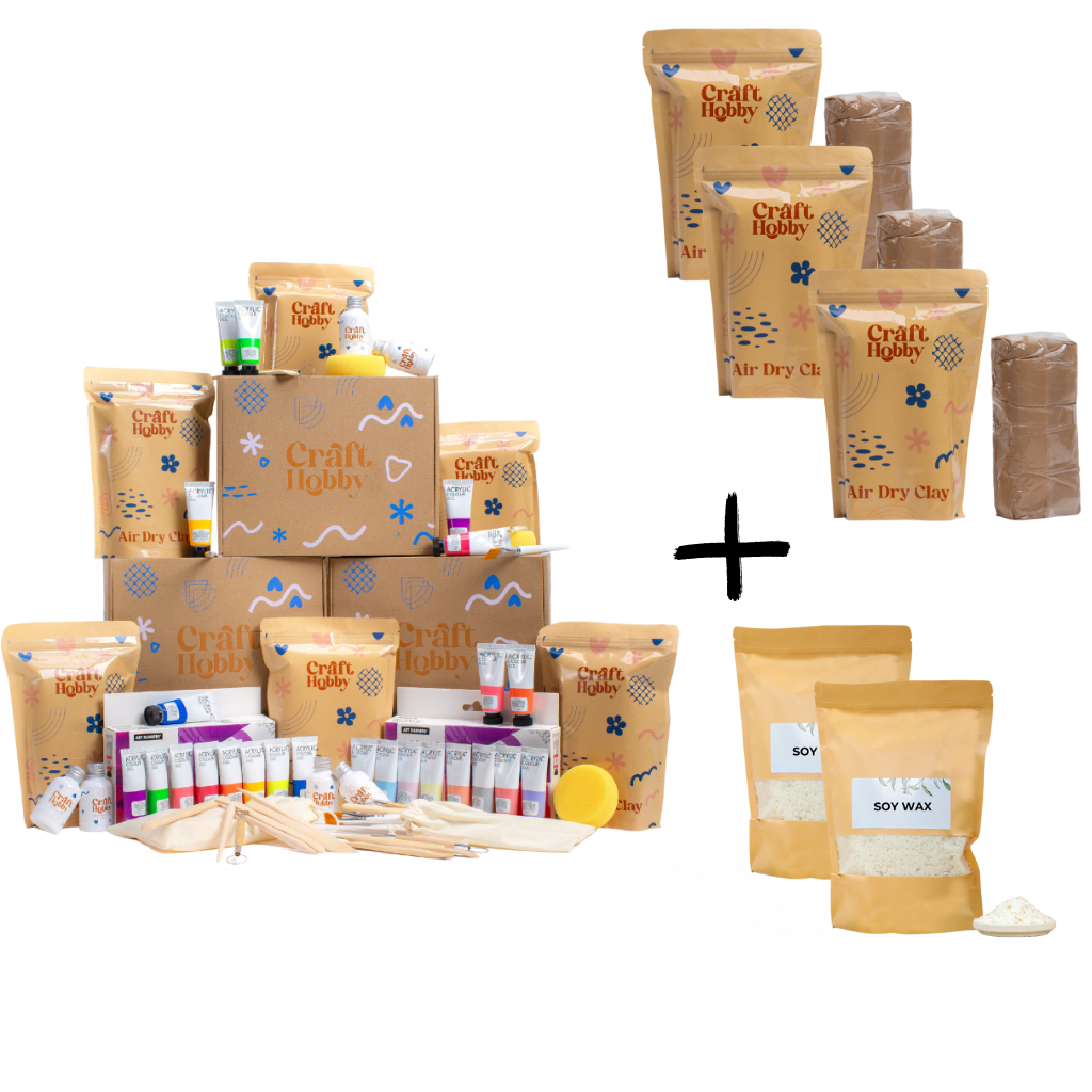 Pasiūlymas - CraftHobby ore džiūstančio molio 3 rinkiniai + 3 extra moliai + CraftHobby 2 vaško pakuotės DOVANŲ
